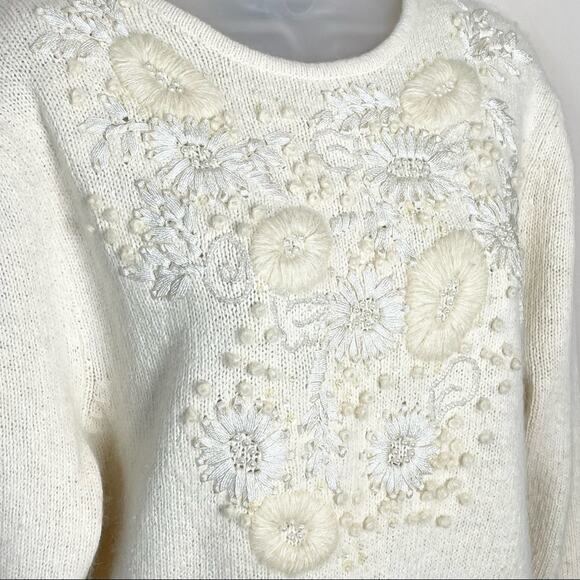 VINTAGE cream embellished & embroidered silk angora wool grandma sweater large - Picture 3 of 6